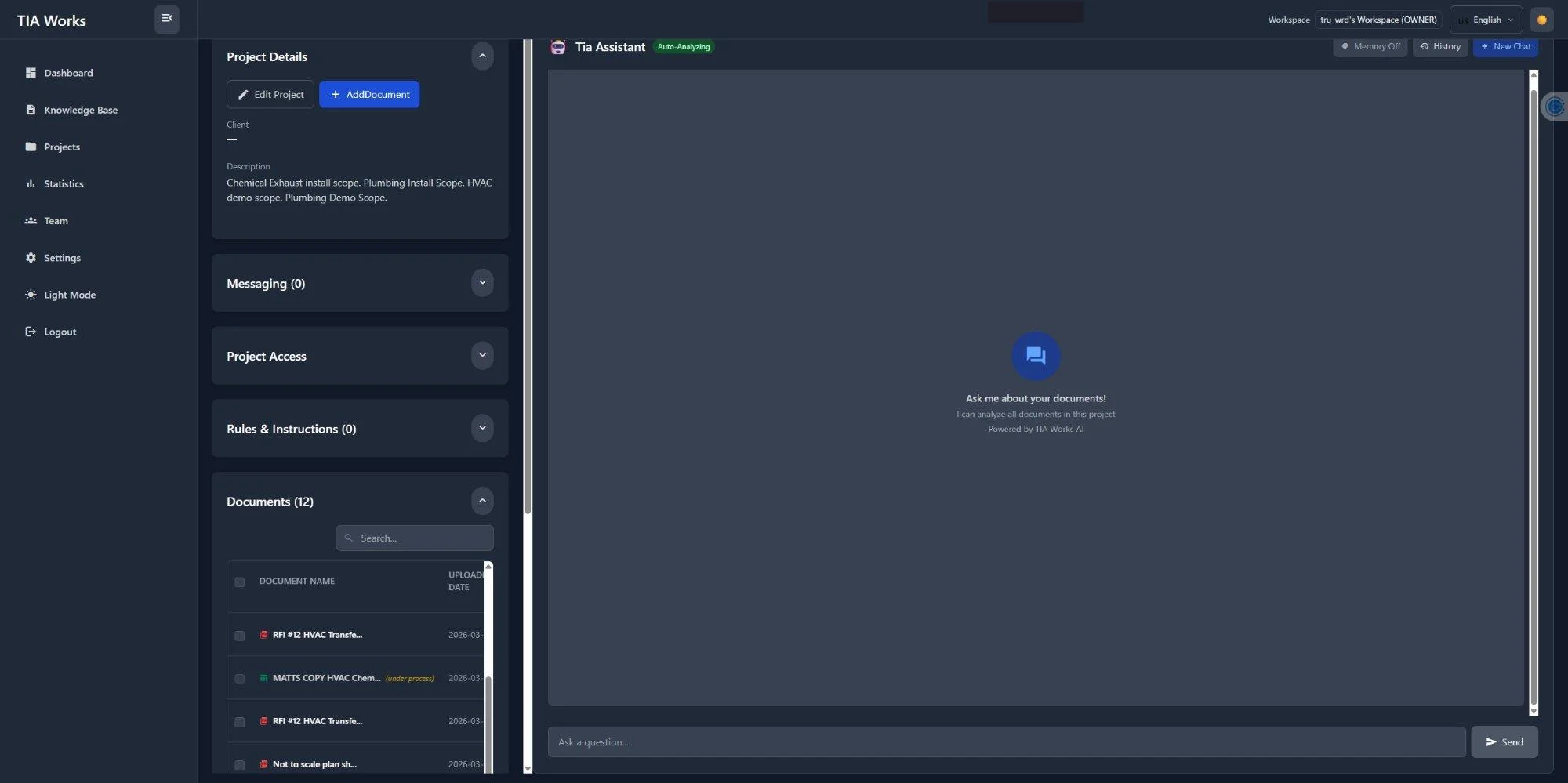 DPM project view showing HVAC documents, RFI #12, and chemical exhaust install scope